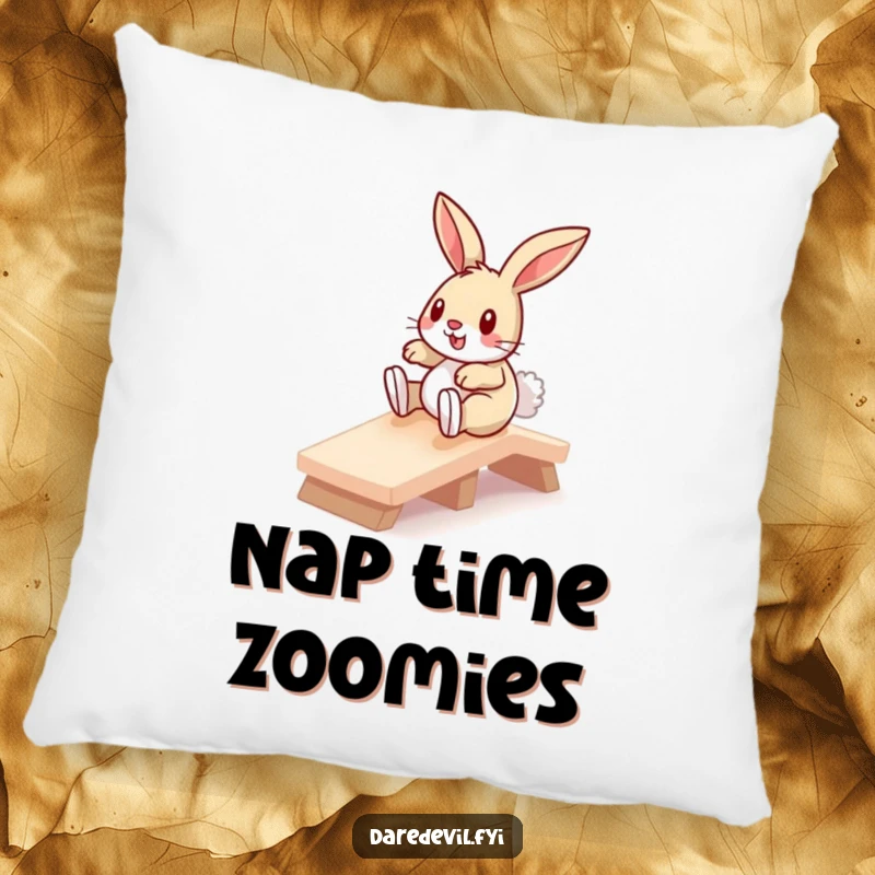 Funny bunny sliding down a tiny ramp, featured on a soft, plush pillow, bringing comfort and humor to any cozy space.