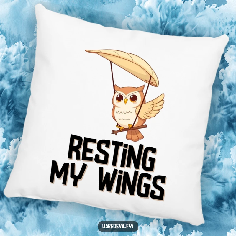 Funny plush pillow depicting a contented owl character paragliding using a large feather, offering cozy whimsical humor and a sense of peace.