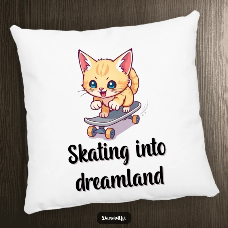 Funny pillow showcasing a playful kitten aggressively skateboarding down a slide, adding a touch of extreme fun and feline flair.