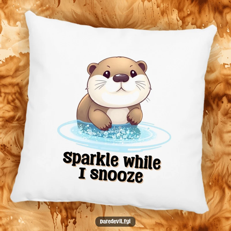 Funny otter glitter pillow: an otter diving into a pool of glitter, bringing cozy humor.