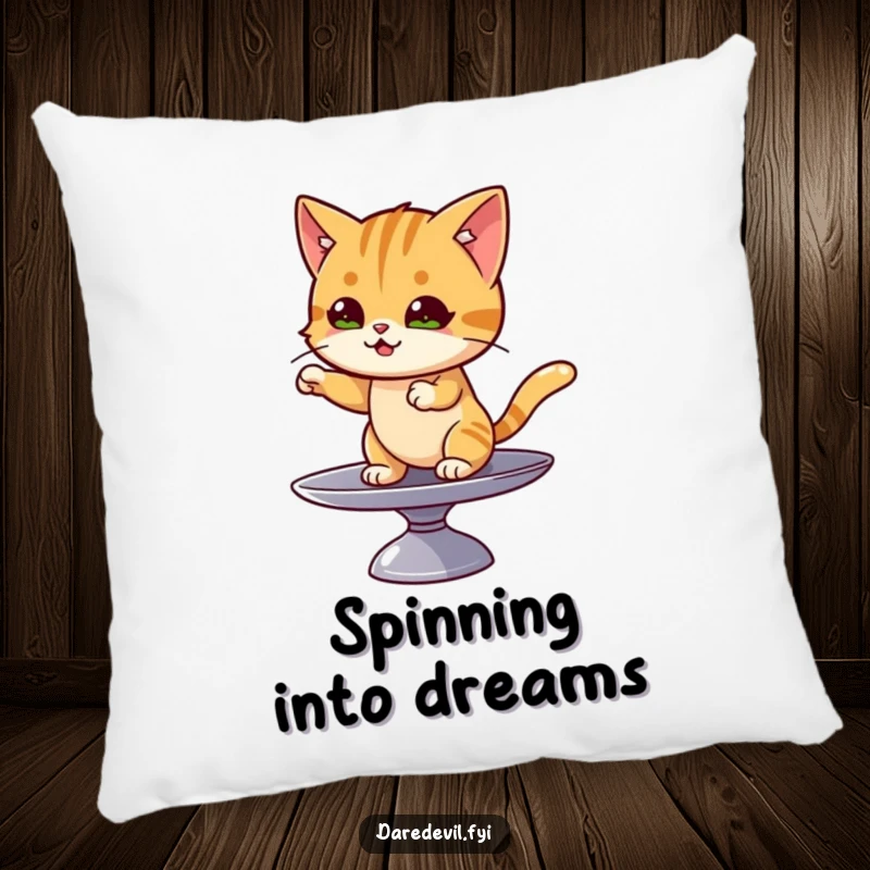 Funny cat pillow with a mischievous cat character balancing expertly on a spinning plate, adding comfort and charm.