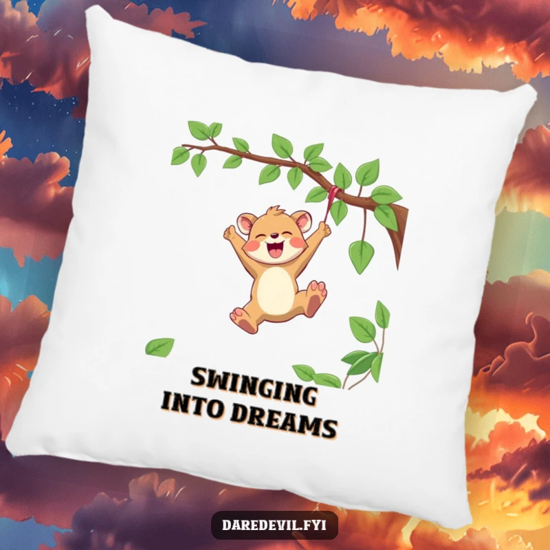 Funny Pillow featuring a joyful animal character swinging from a vine with reckless abandon, adding playful energy to cozy comfort.