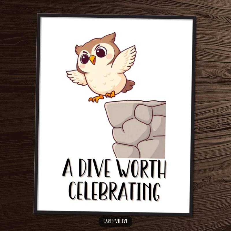 Funny digital art print of a giggling owl character performing a comical dive, instantly downloadable for humorous decor.