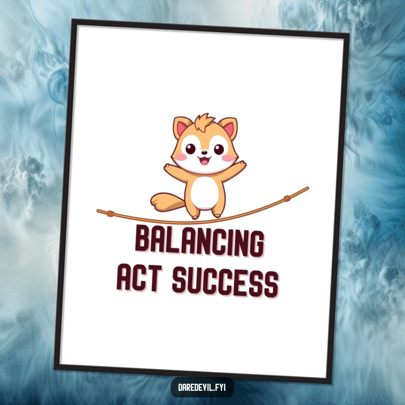 Funny Digital Art Print of a daring animal character happily balancing on a tightrope, adding instant humorous and adventurous decor.