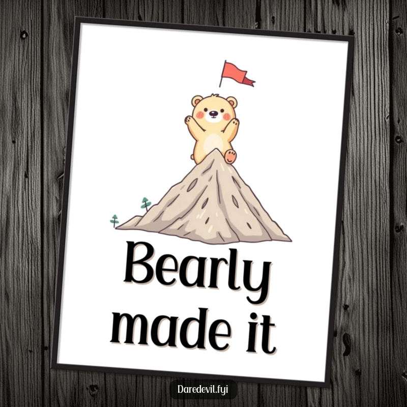Funny bear digital art print of a whimsical bear triumphantly planting a flag on a tiny mountain peak, celebrating a grand ascent.