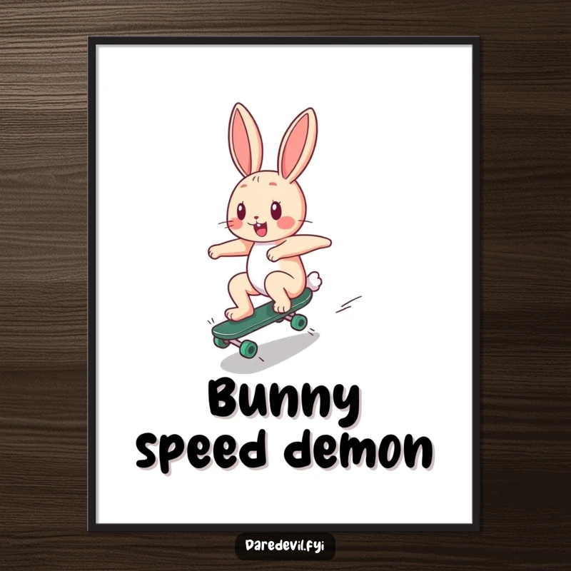 Funny Digital Art: A happy bunny character zooms down a ramp on a tiny skateboard, dynamic and humorous downloadable art.