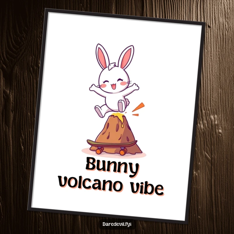 Funny, high-resolution digital art of a bunny on a skateboard leaping over a small volcano, full of vibrant energy.