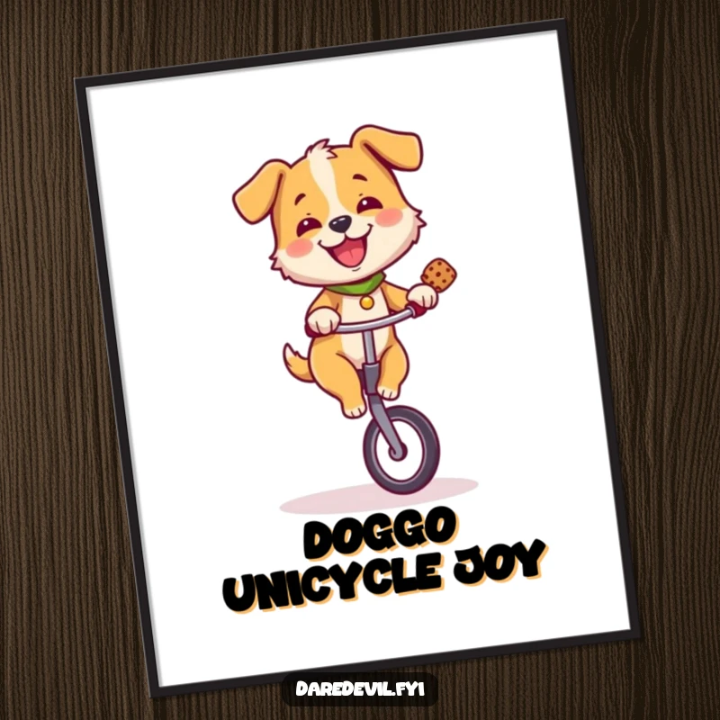 Funny, high-resolution digital art of a dog on a unicycle balancing a treat, radiating pure joy and skill.