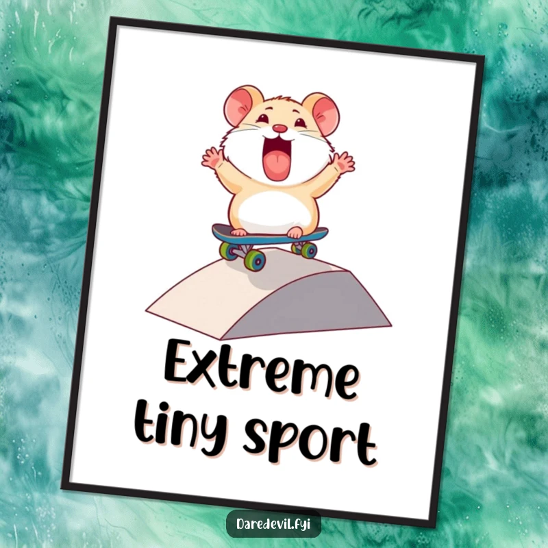 Funny Hamster Digital Art Print: A thrilled hamster character rides a mini skateboard down a ramp, capturing pure joy and extreme excitement.