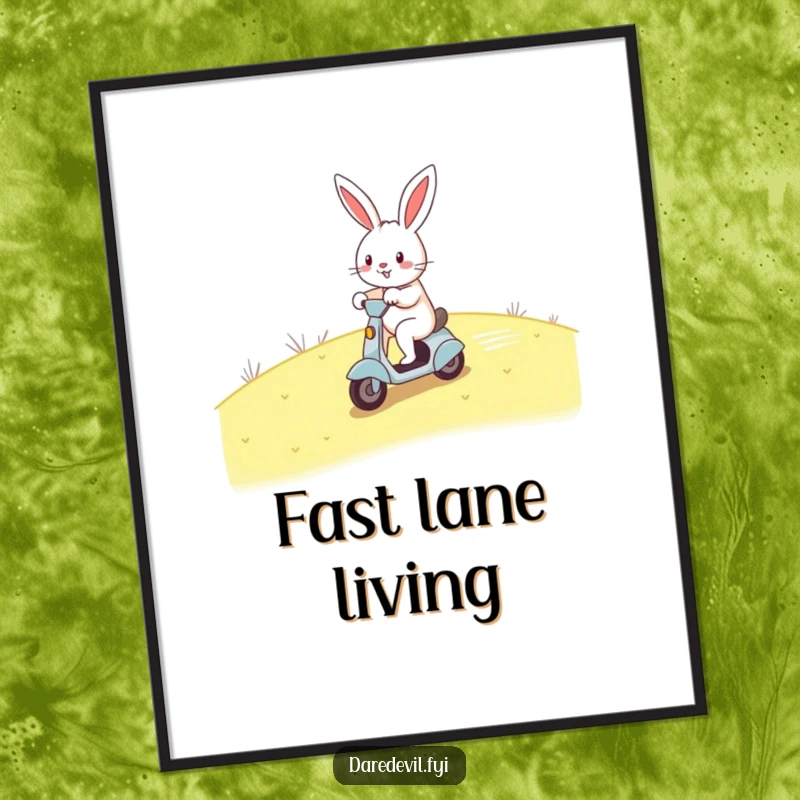 Funny rabbit digital art print, cheerful rabbit zooming on scooter, instant wall decor, speedy and humorous art.