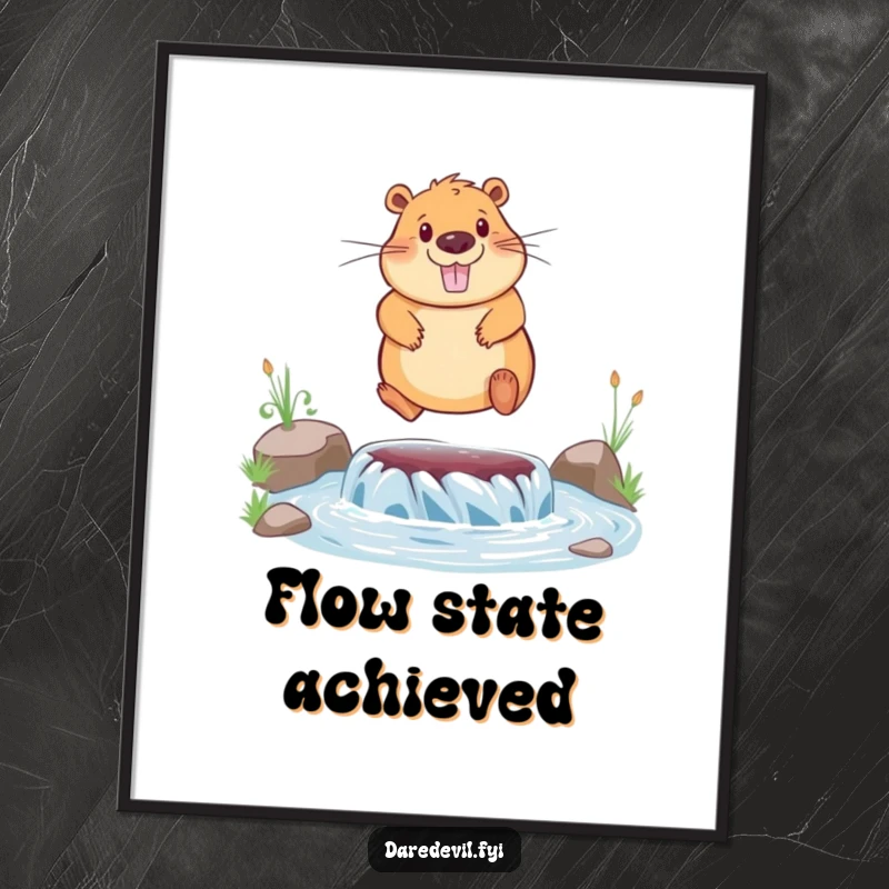 Funny digital art print of a happy capybara mid-air, jumping over a river, celebrating adventure and joy.