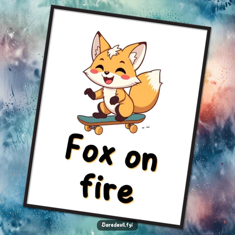 Funny fox with an ecstatic grin, skateboarding at high speed, conveying pure adrenaline and joy, ideal for instant digital wall art.