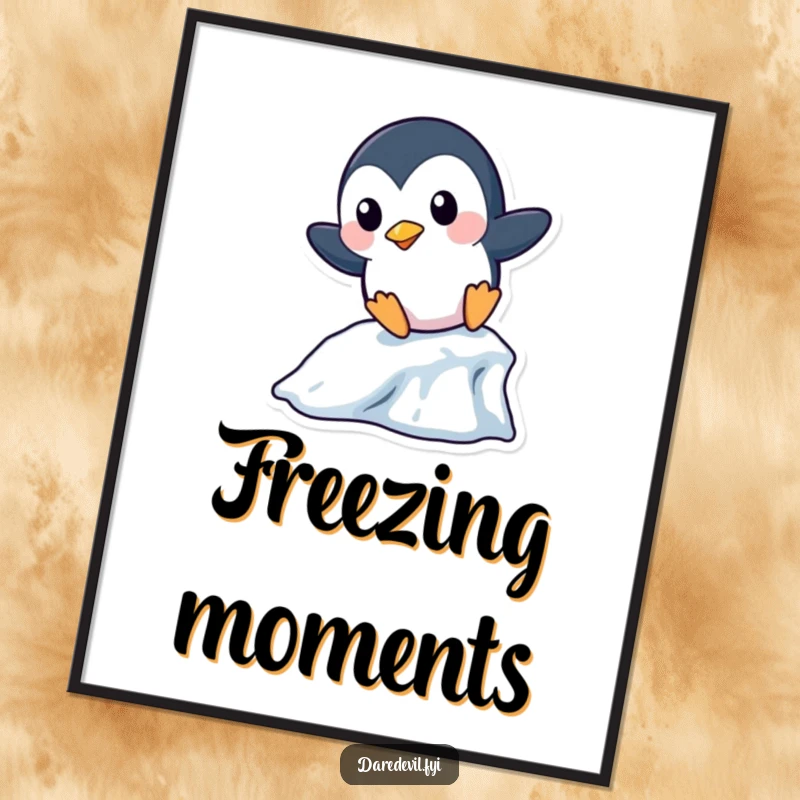 Funny Penguin Digital Art: A playful penguin character boldly slides down a miniature icicle, a downloadable print full of wintery humor.