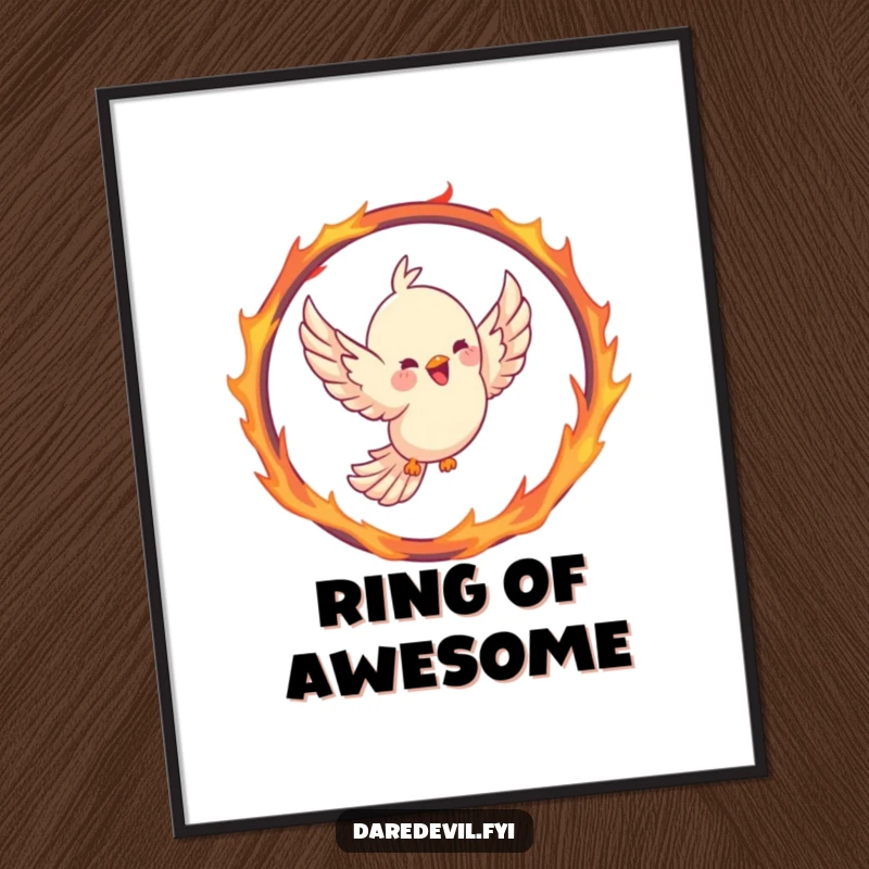 Funny bird digital art print of a joyful bird soaring through a hoop shaped like a fiery ring, wings spread in a dynamic, courageous pose.