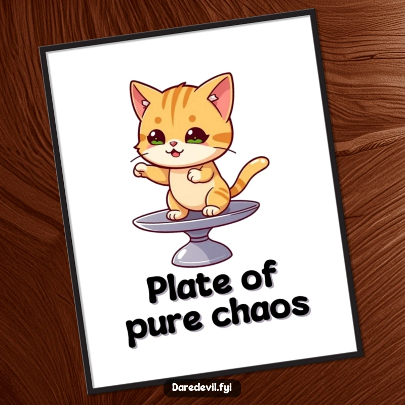 Funny cat digital art print of a mischievous cat balancing expertly on a spinning plate, showcasing feline agility.