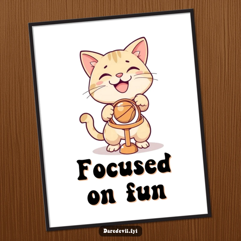 Funny grinning cat character aiming a ball at a tiny hoop, depicted as a vibrant digital art print.