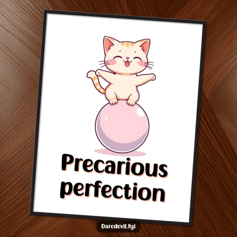 Funny cat precariously balancing on a rolling sphere, high-resolution digital art print, ideal for instant, humorous decor.