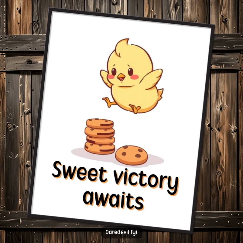 Funny Digital Art Print of a determined chick bravely attempting to jump over a stack of cookies, ideal for motivational and humorous decor.