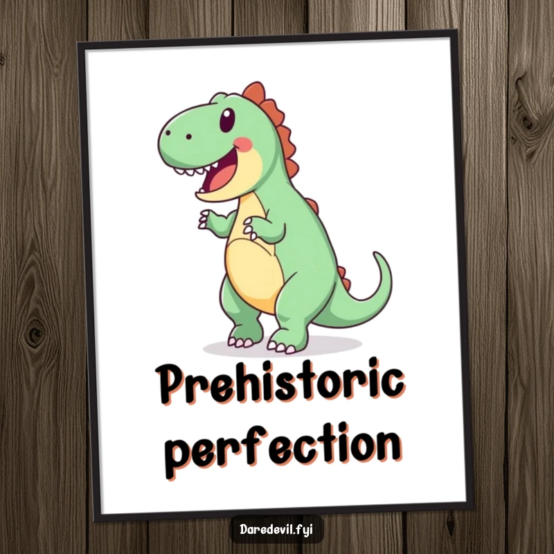 Funny digital art print of a joyful dinosaur attempting a backward somersault with enthusiasm, celebrating fun.