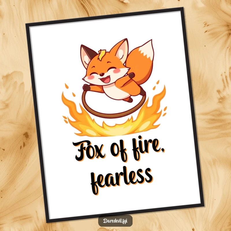 Funny Fox Digital Art Print of a grinning fox leaping over a fiery hoop, ready for download and printing.