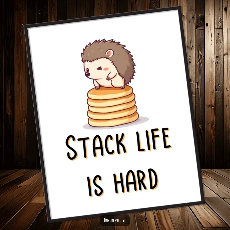 Funny hedgehog digital art print: a determined hedgehog balancing on a stack of pancakes, perfect for instant decor.