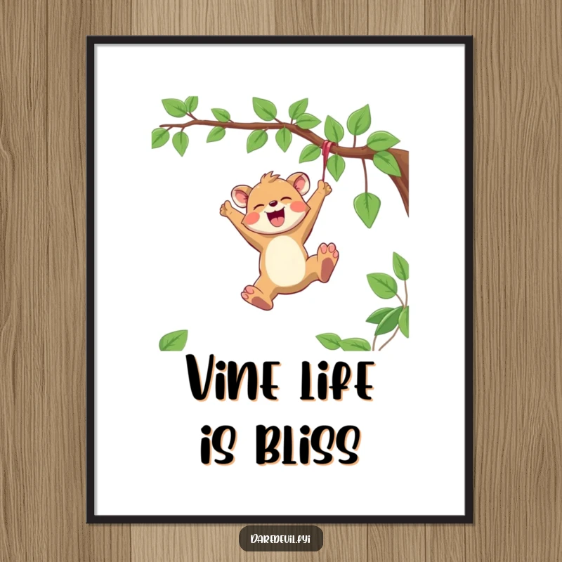 Funny Digital Art Print of a joyful animal character swinging from a vine with reckless abandon, embodying pure exhilaration.