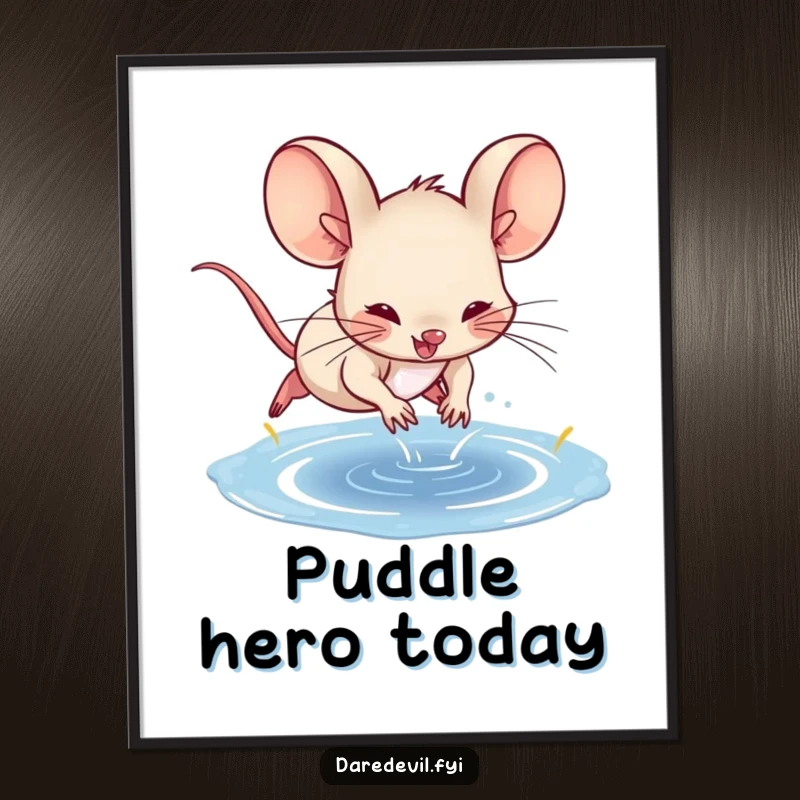 Funny spunky mouse character captured in a daring dive into a puddle, as a vibrant digital art print.