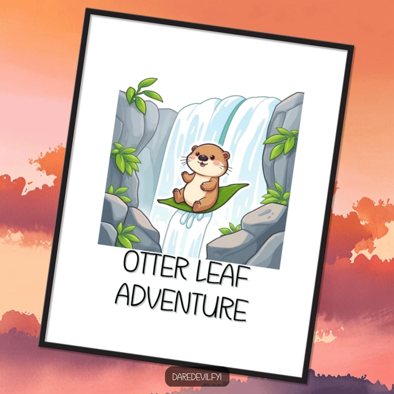 Funny, high-resolution digital art of an otter sliding down a waterfall on a leaf, full of action and joy.