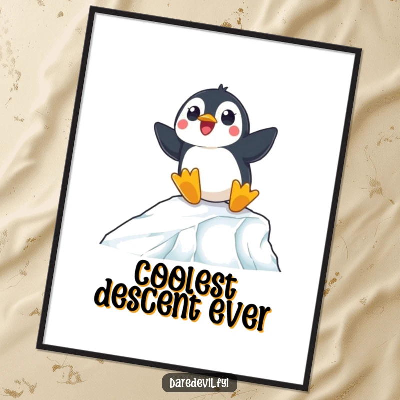 Funny digital art print of a surprised penguin expertly sliding down an icy ramp, celebrating resilience and humor.