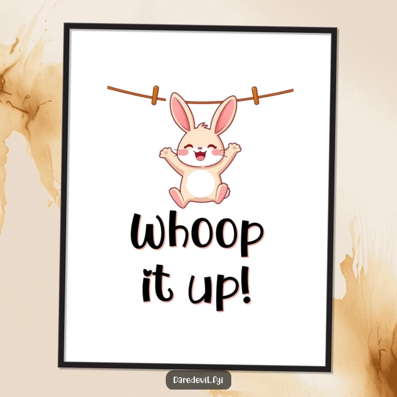 Funny cheerful rabbit swings wildly from a clothesline with a whoop, perfect for joyful wall art.