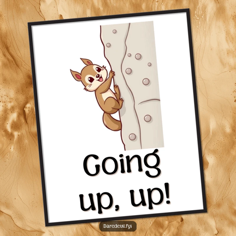 Funny determined squirrel using miniature suction cups to ascend a challenging vertical wall, perfect for humorous digital art.