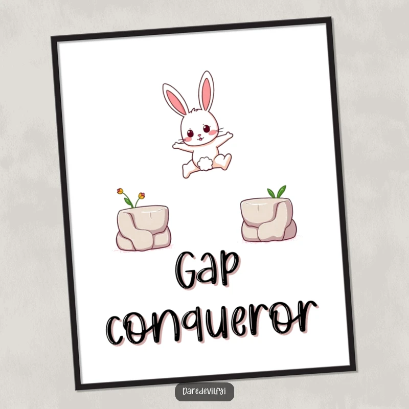 Funny digital art print of a brave rabbit character leaping across a small gap between two tiny platforms, perfect for inspiring spaces.