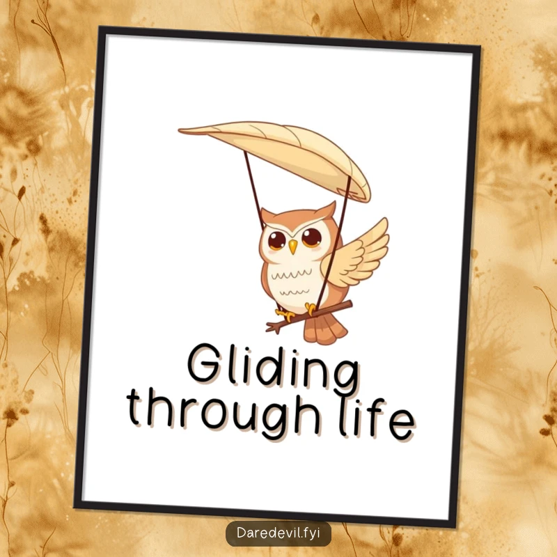 Funny digital art print of a contented owl character paragliding using a large feather, ideal for serene and whimsical wall decor.