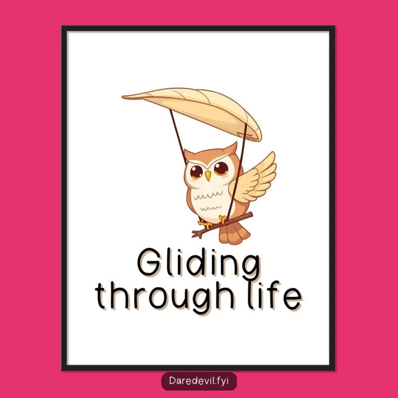 Funny Owl Digital Art: Contented Character Paragliding Feather, Instant Funny Gift