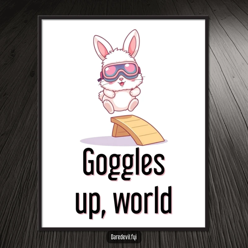 Funny digital art print of a fluffy bunny with oversized goggles mid-leap from a tiny ramp, ready for instant download.