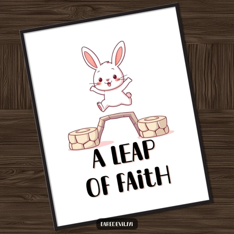 Funny Rabbit Digital Art Print: A brave rabbit character is captured mid-leap between platforms, symbolizing courage and adventure.