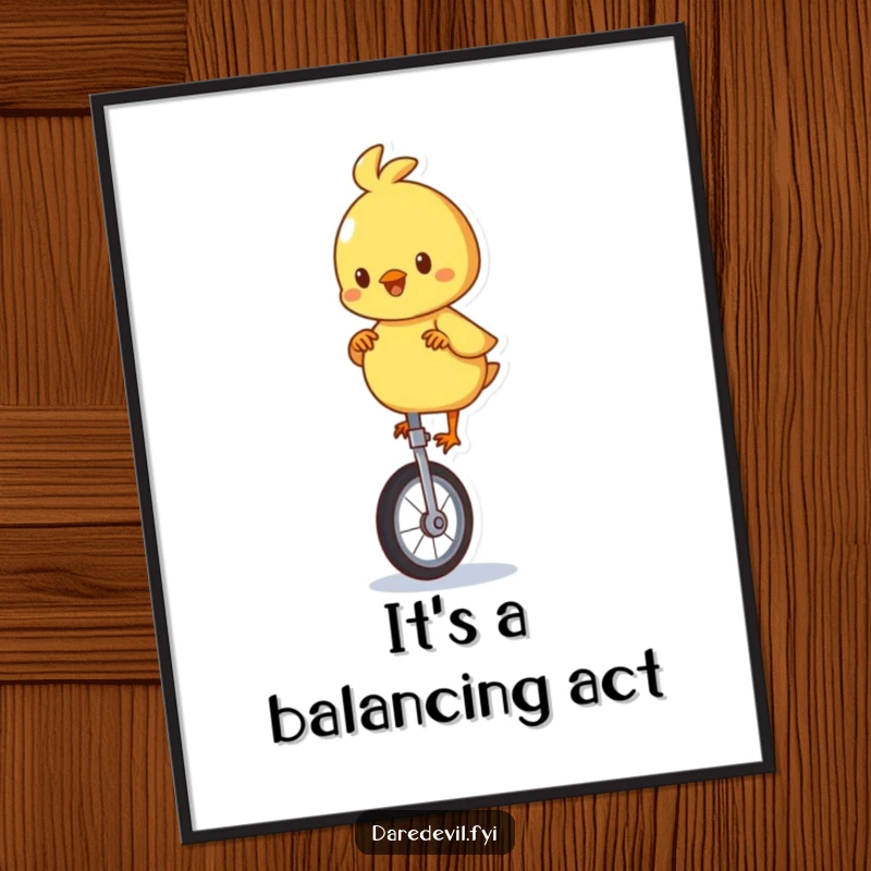 Funny digital art print of a playful chick character balancing on a unicycle, instantly downloadable for humorous decor.