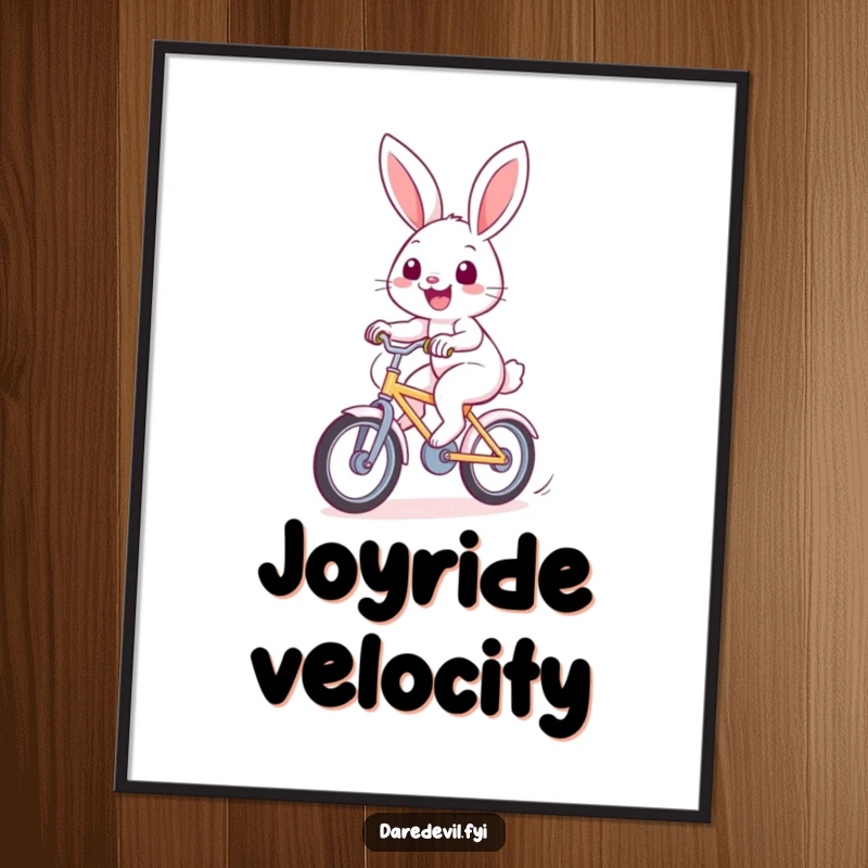 Funny rabbit digital art print showing a cheerful bunny riding a fast bicycle, bringing instant joy and humor.