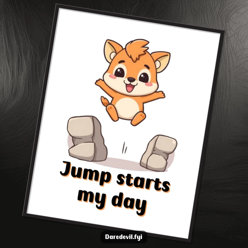 Funny Digital Art Print of a brave animal character executing a determined leap over a gap, capturing pure resolve.