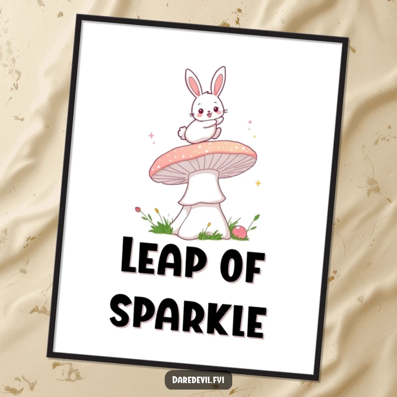 Funny bunny mushroom digital art print showing a fluffy bunny bravely leaping over a giant, sparkly mushroom, perfect for instant whimsical wall decor.