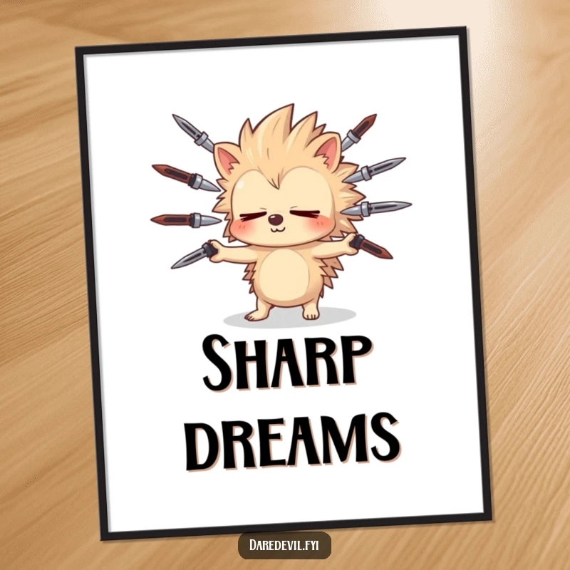 Funny sleepy hedgehog juggles sharp objects with closed eyes, creating a daring scene for digital art.