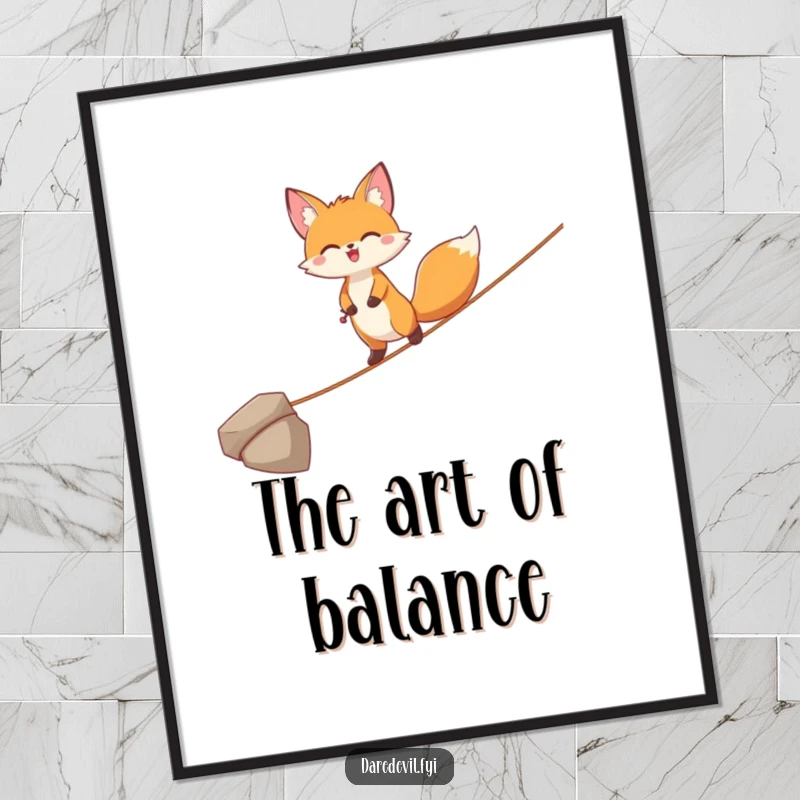 Funny Fox Digital Art Print: A joyful fox character is depicted balancing on a thin tightrope, exuding grace and playful mischief.