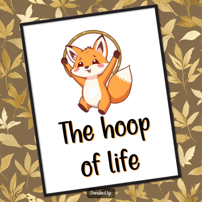 Funny fox leaping through a hoop held high, high-resolution digital art print, perfect for instant, humorous decoration.