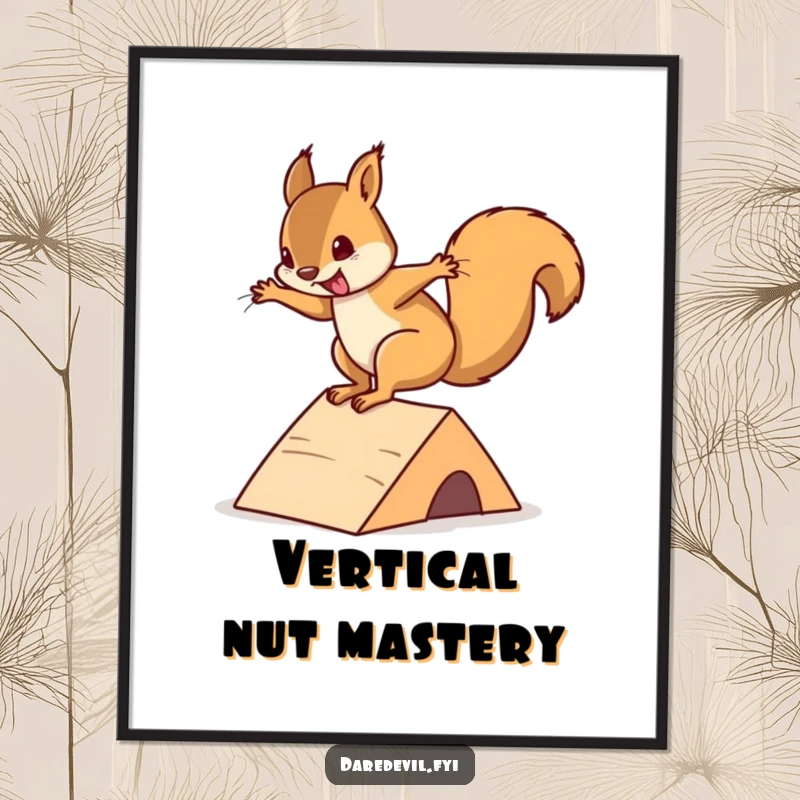 Funny squirrel digital art print showing an energetic squirrel doing a daring flip off a mini ramp, instant wall decor.