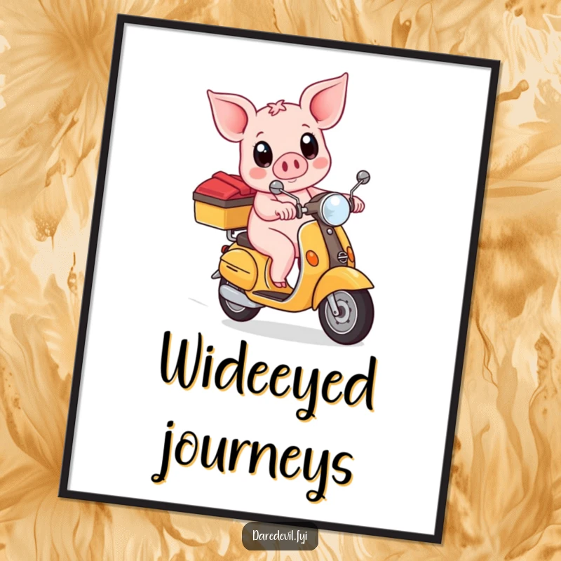 Funny piglet bravely riding a scooter with wide eyes, high-resolution digital art print, perfect for instant, humorous decor.