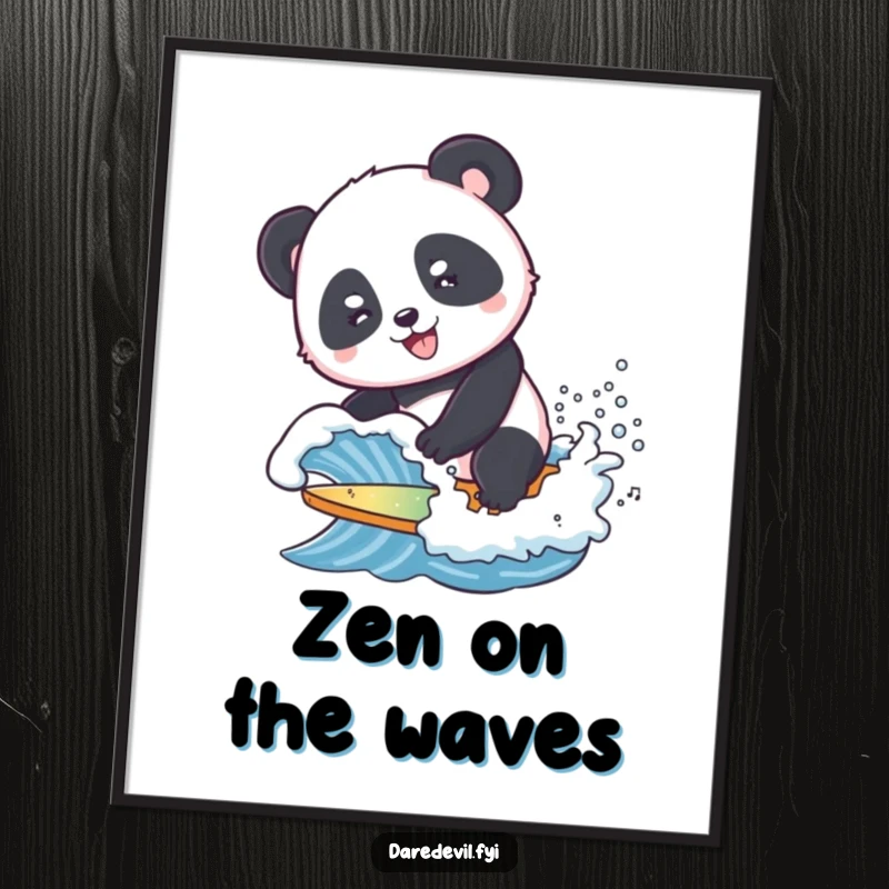 Funny Digital Art Print of a smiling panda attempting to surf a tiny, crashing wave, ideal for instant humorous and coastal decor.