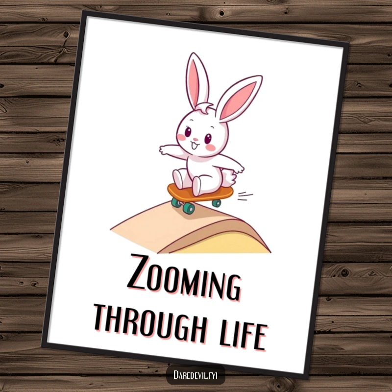 Funny bunny character joyfully street skating down a ramp on a miniature skateboard, creating a humorous and energetic digital art print.