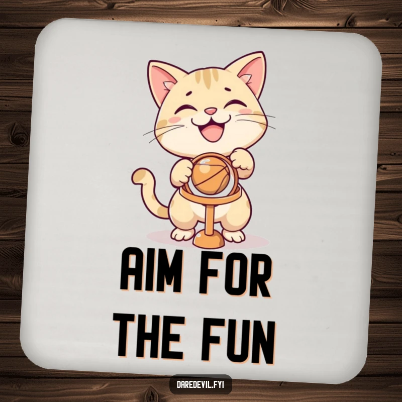Funny grinning cat character aiming a ball at a tiny hoop on a round drink coaster, adding humor.