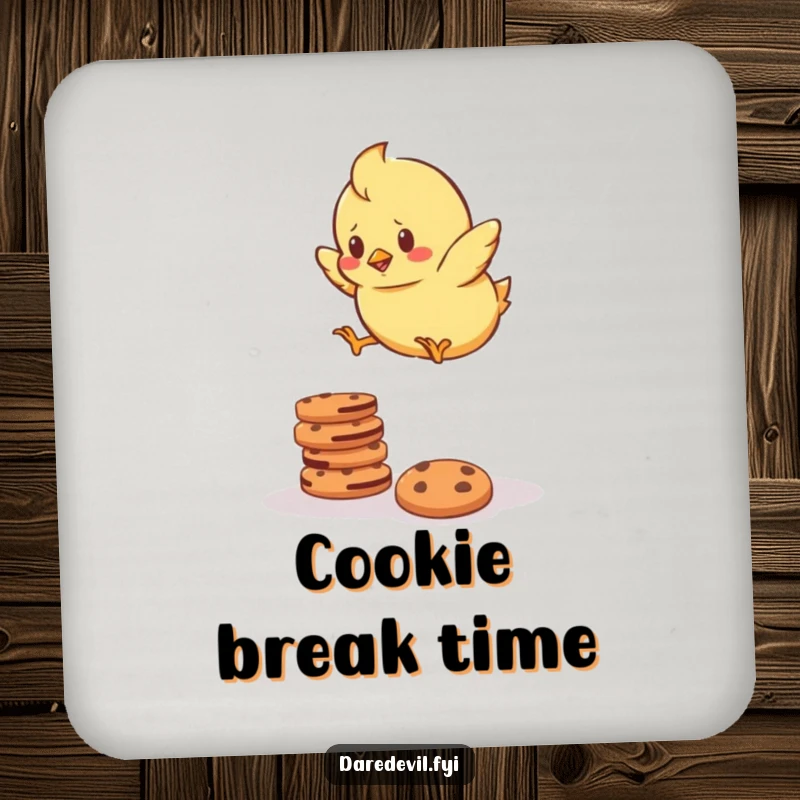 Funny Coasters featuring a determined chick bravely jumping over a stack of cookies, protecting surfaces with a humorous, brave theme.