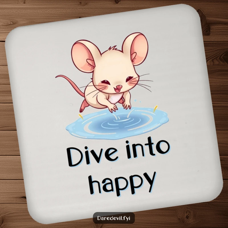 Funny spunky mouse character mid-dive into a puddle on a round drink coaster, bringing humor to your table.